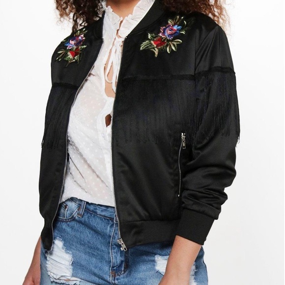 Jackets & Blazers - Plus size floral embroidered fringe bomber jacket